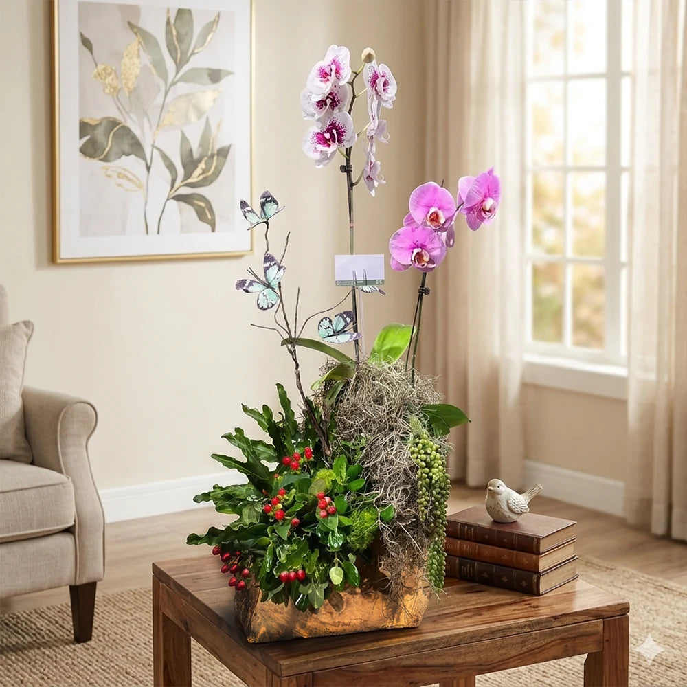 Arreglo Garden Orchid Arreglo con Base de Madera - Arreglo con Orquideas