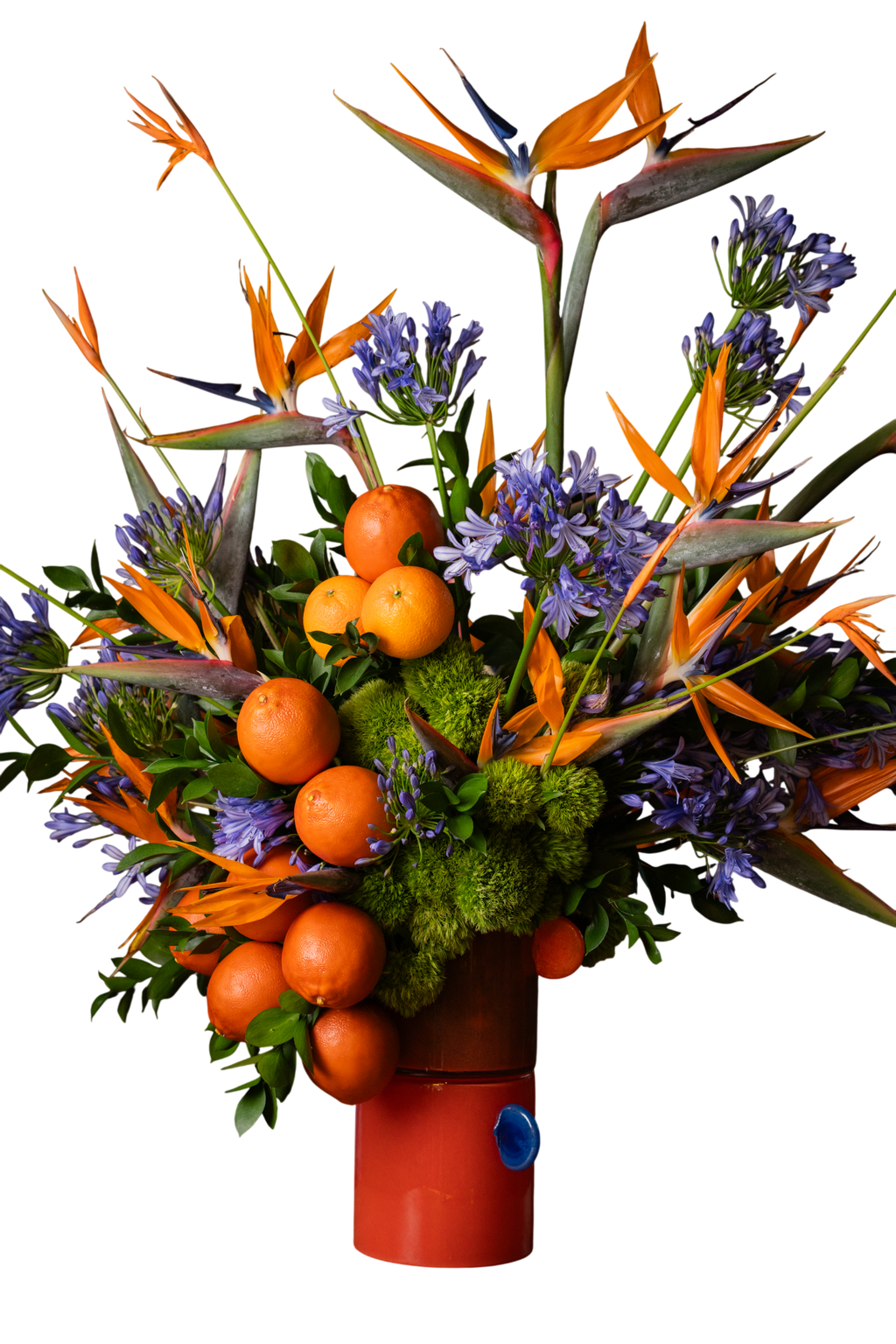Arreglo Floral Natural Naranja – Ave del Paraíso, Avecillas, Pompones Verdes y Naranjas