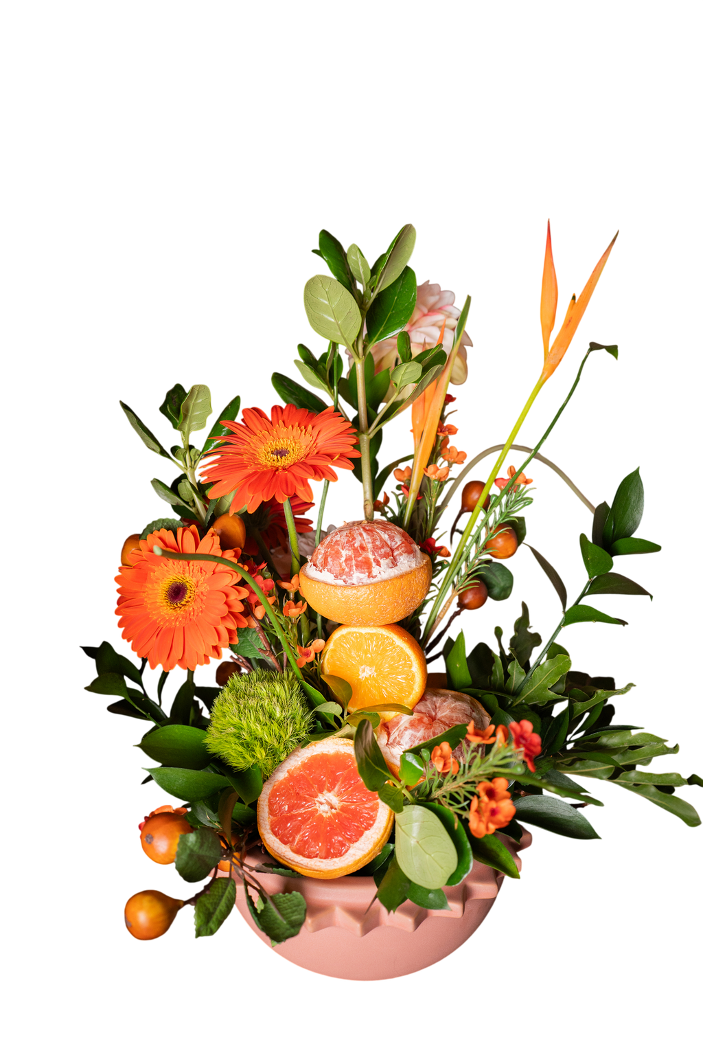 Arreglo Floral Natural Néctar – Gerberas, Avecillas, Pompones Verdes, Toronja e Higos