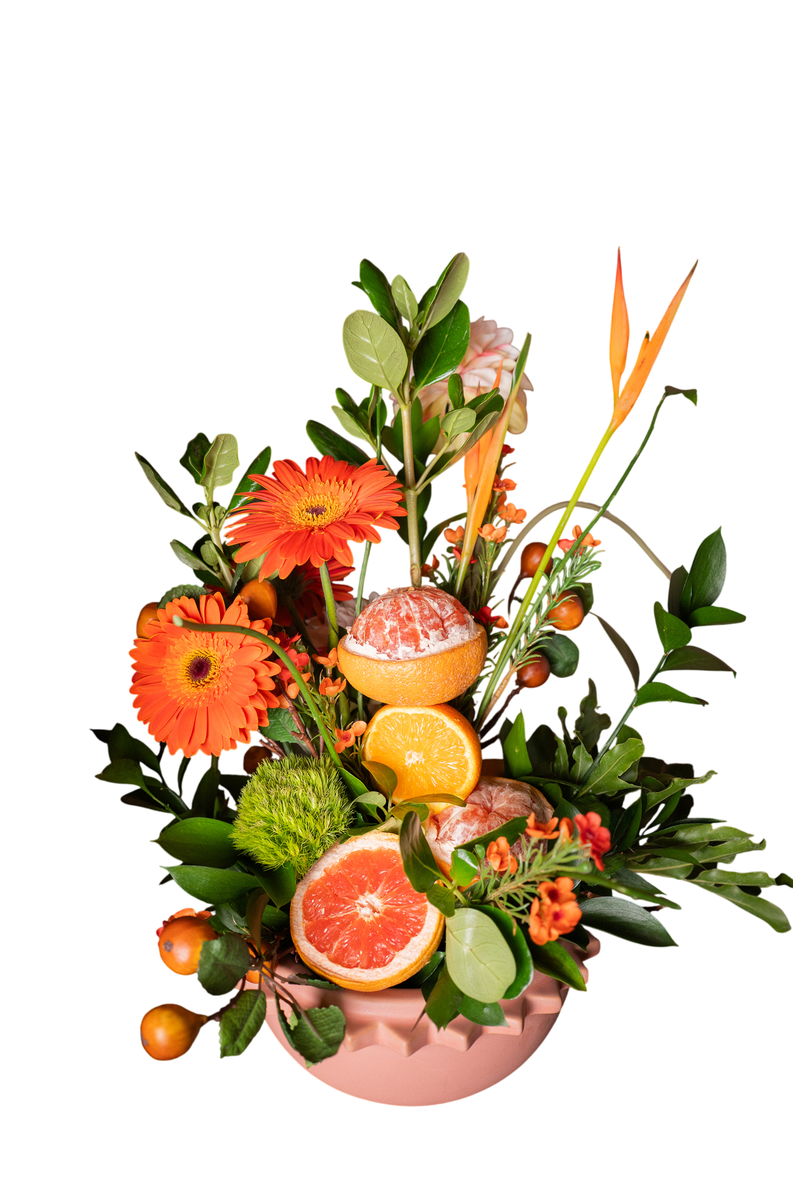 Arreglo Floral Natural Néctar – Gerberas, Avecillas, Pompones Verdes, Toronja e Higos