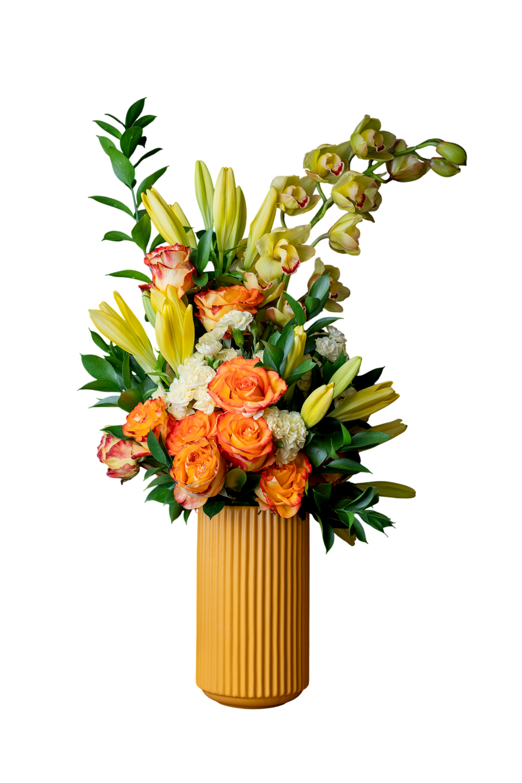 Arreglo Floral Natural Zumo – Orquídeas Cymbidium, Azucenas y Rosas