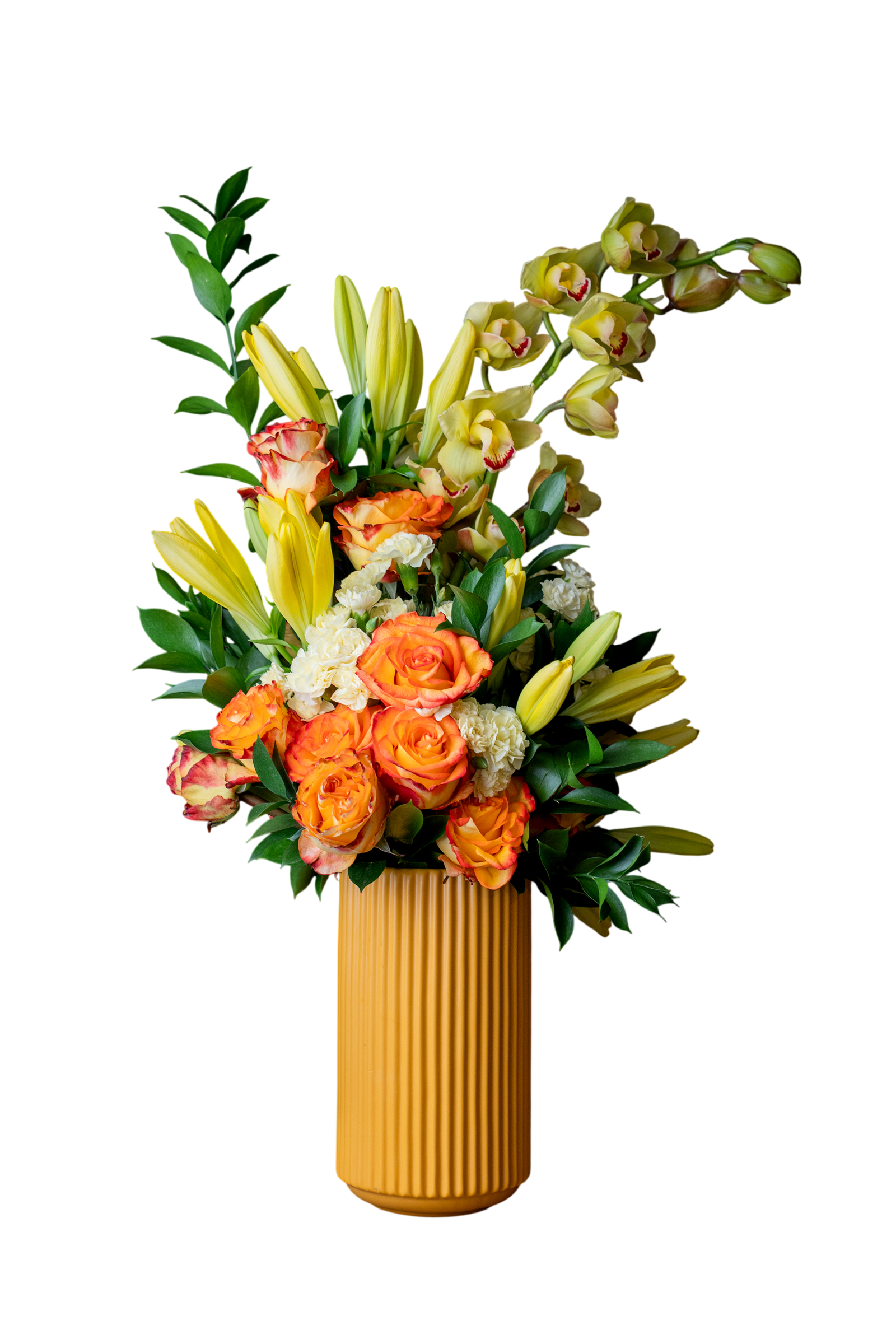Arreglo Floral Natural Zumo – Orquídeas Cymbidium, Azucenas y Rosas