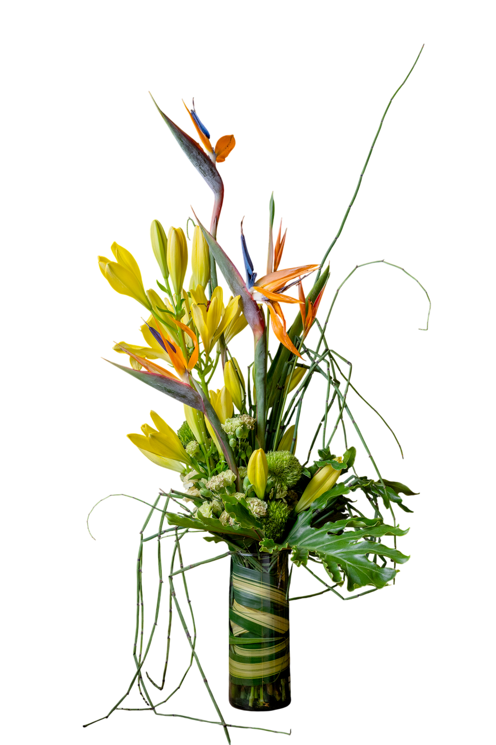 Arreglo Floral Natural Boreal – Azucenas, Ave del Paraíso, Uña de Danta y Pompones Verdes