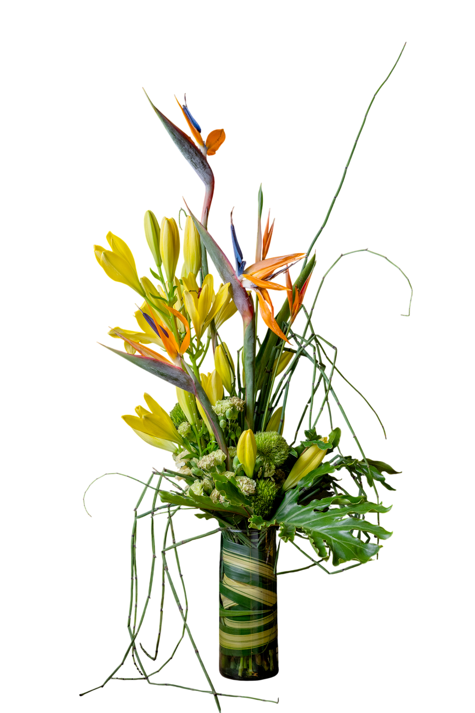 Arreglo Floral Natural Boreal – Azucenas, Ave del Paraíso, Uña de Danta y Pompones Verdes