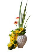 Arreglo Floral Natural Vértice – Gerberas, Green Ball y Pandano Base porcelana 3D