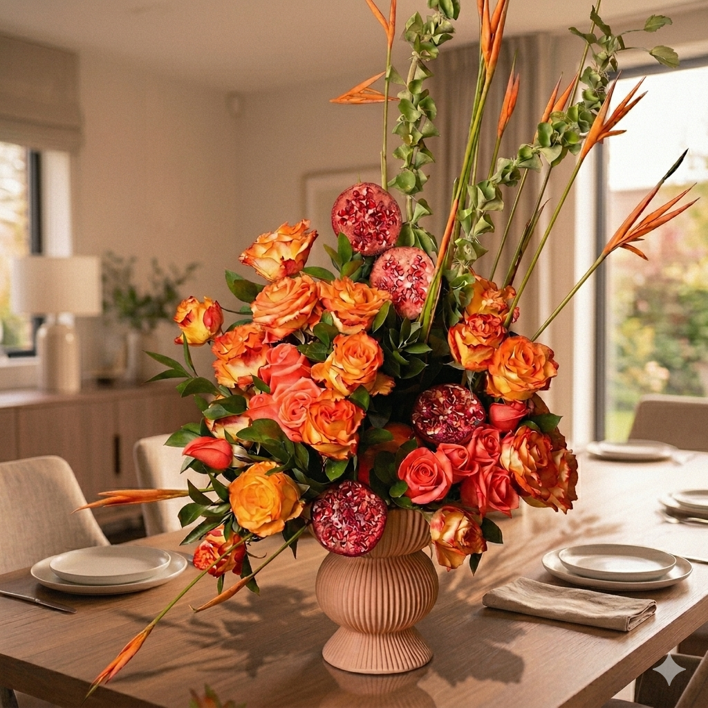 Dulce Aurora – Arreglo Floral Natural con Rosas, Campanas de Irlanda, Avecillas y Granadas