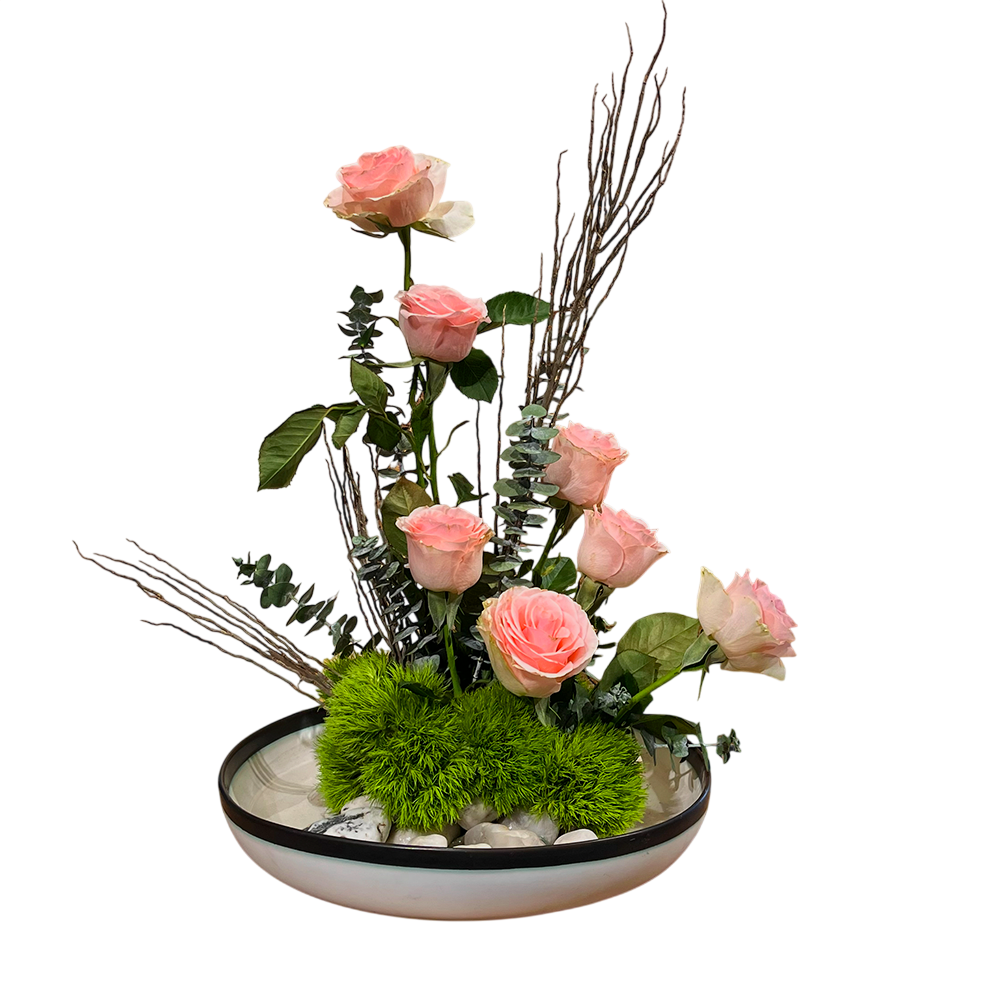 Centro de Mesa Rosas de Jardín Rosado Vertical - Base de porcelana