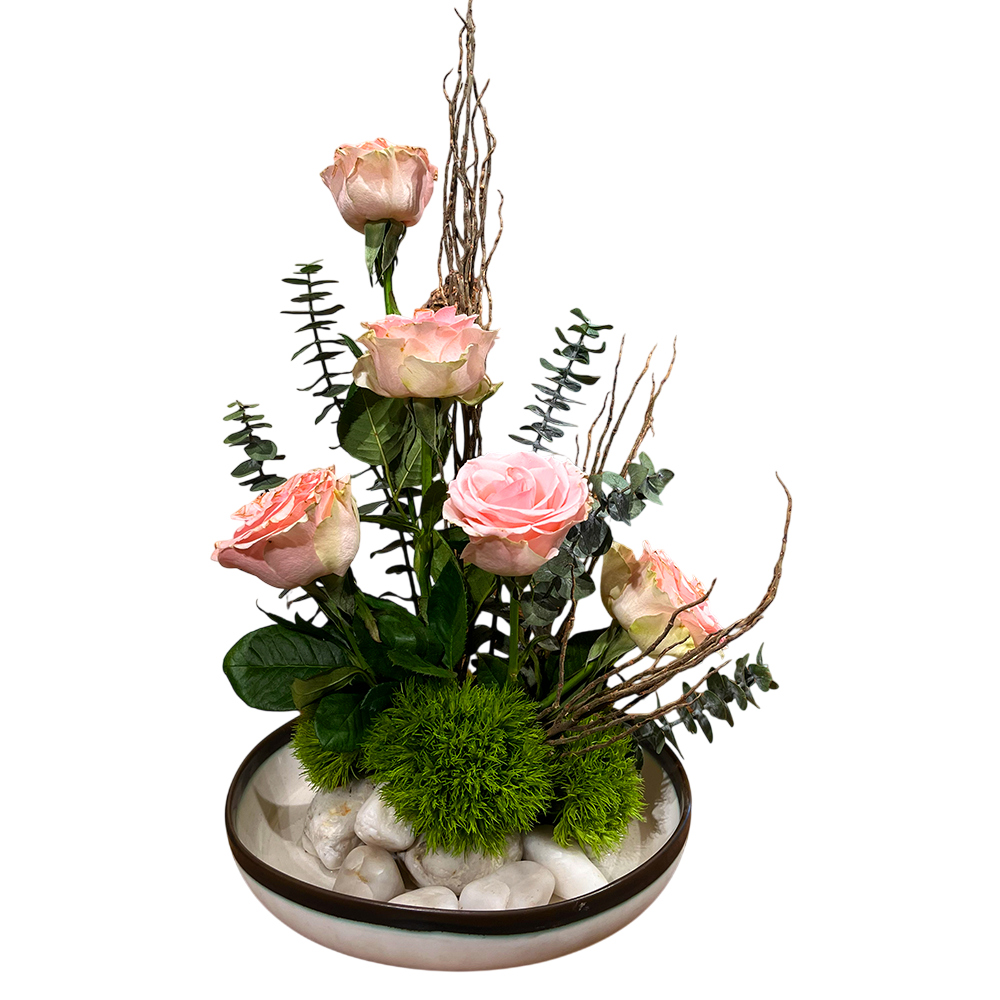 Centro de Mesa Rosas de Jardín Rosado Vertical - Base de porcelana