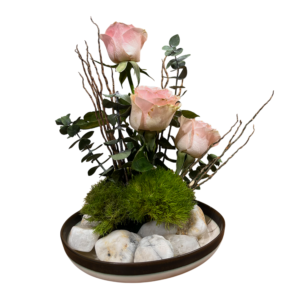 Centro de Mesa Rosas de Jardín Rosado Vertical - Base de porcelana