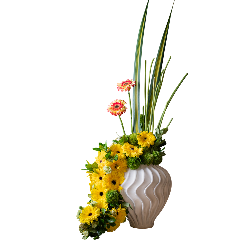 Arreglo Floral Natural Vértice – Gerberas, Green Ball y Pandano Base porcelana 3D
