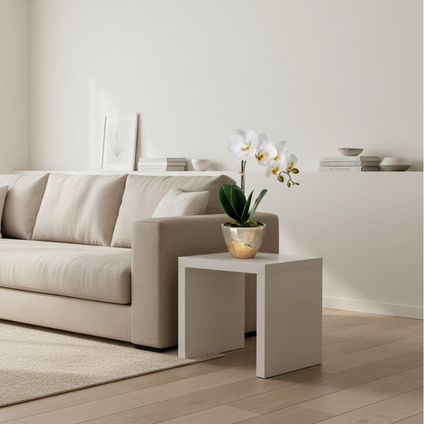 Arreglo de orquídea blanca con maceta dorada en sala