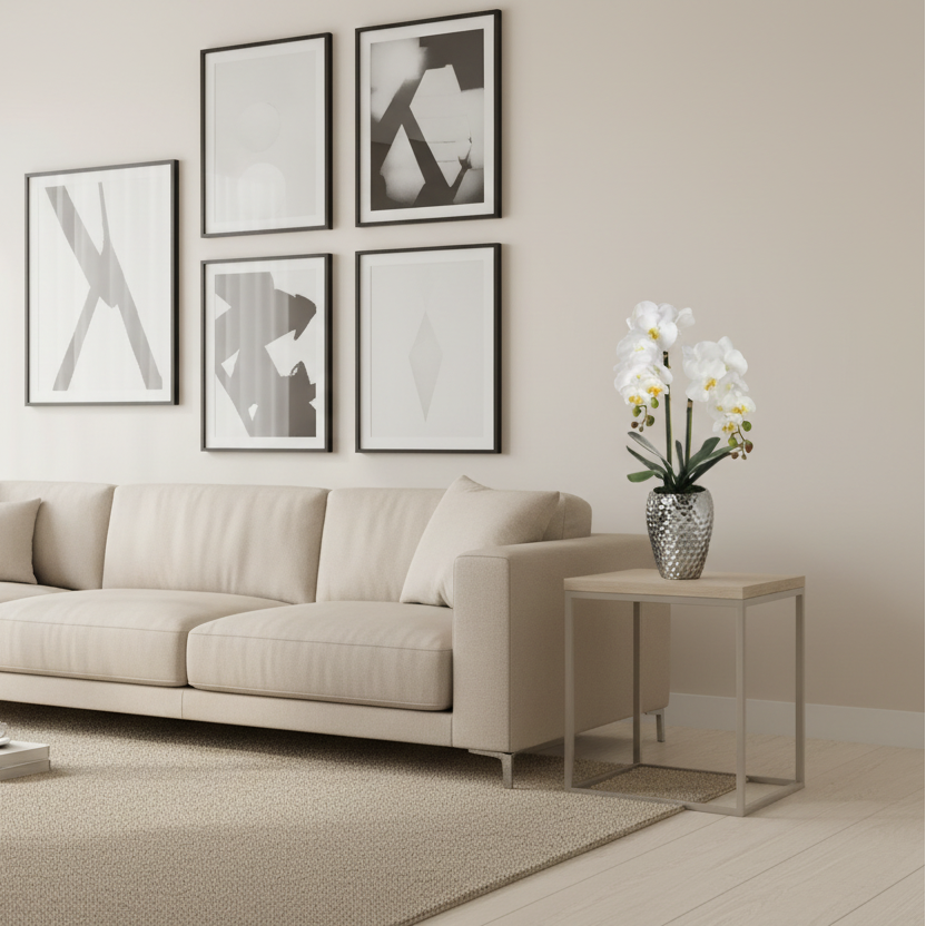 Arreglo de orquídeas en repisa junto al sofá