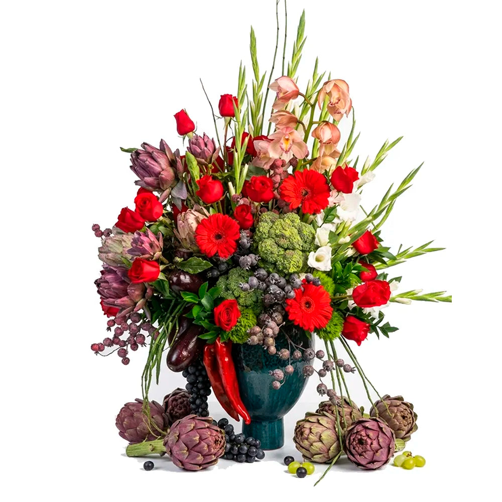 Arreglo Floral Natural Baco – Rosas, Gladiolas y Gerberas con Base de Vidrio
