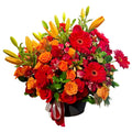 Arreglo Floral Atardecer Dorado con Rosas y Gerberas