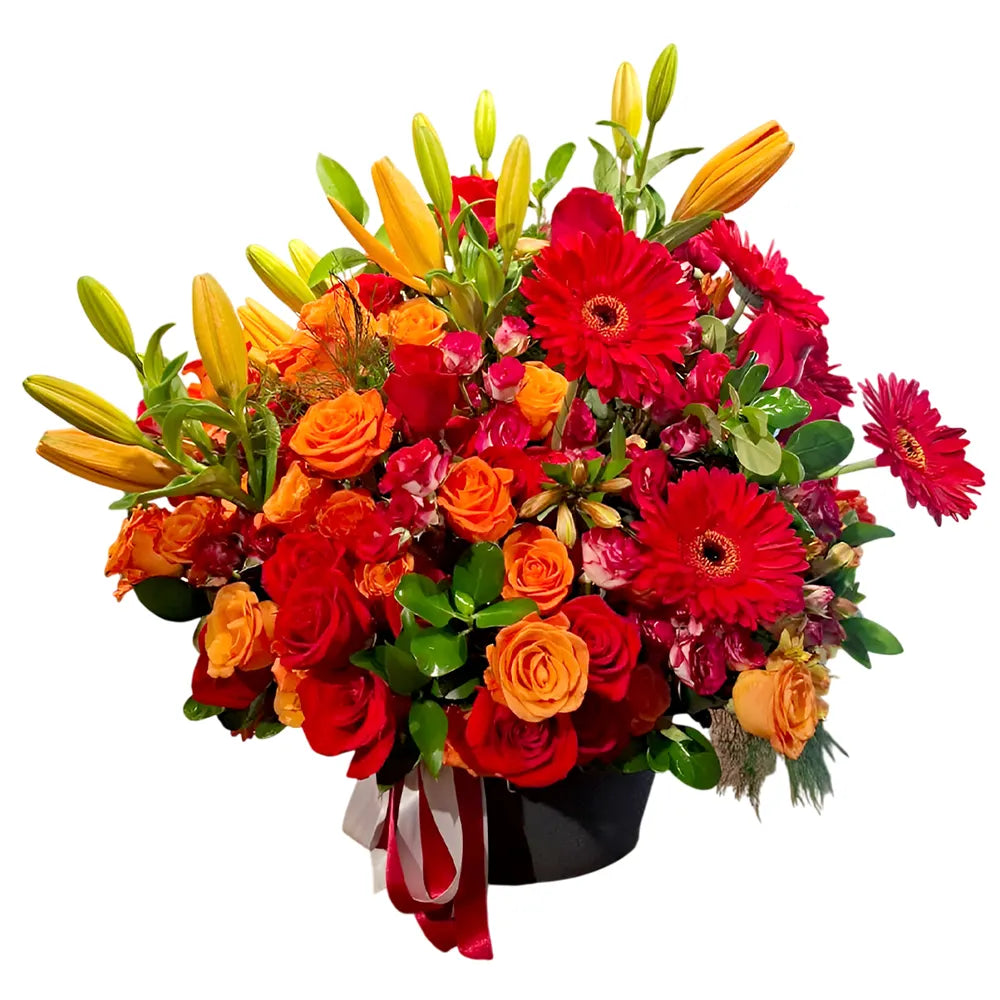 Arreglo Floral Atardecer Dorado con Rosas y Gerberas