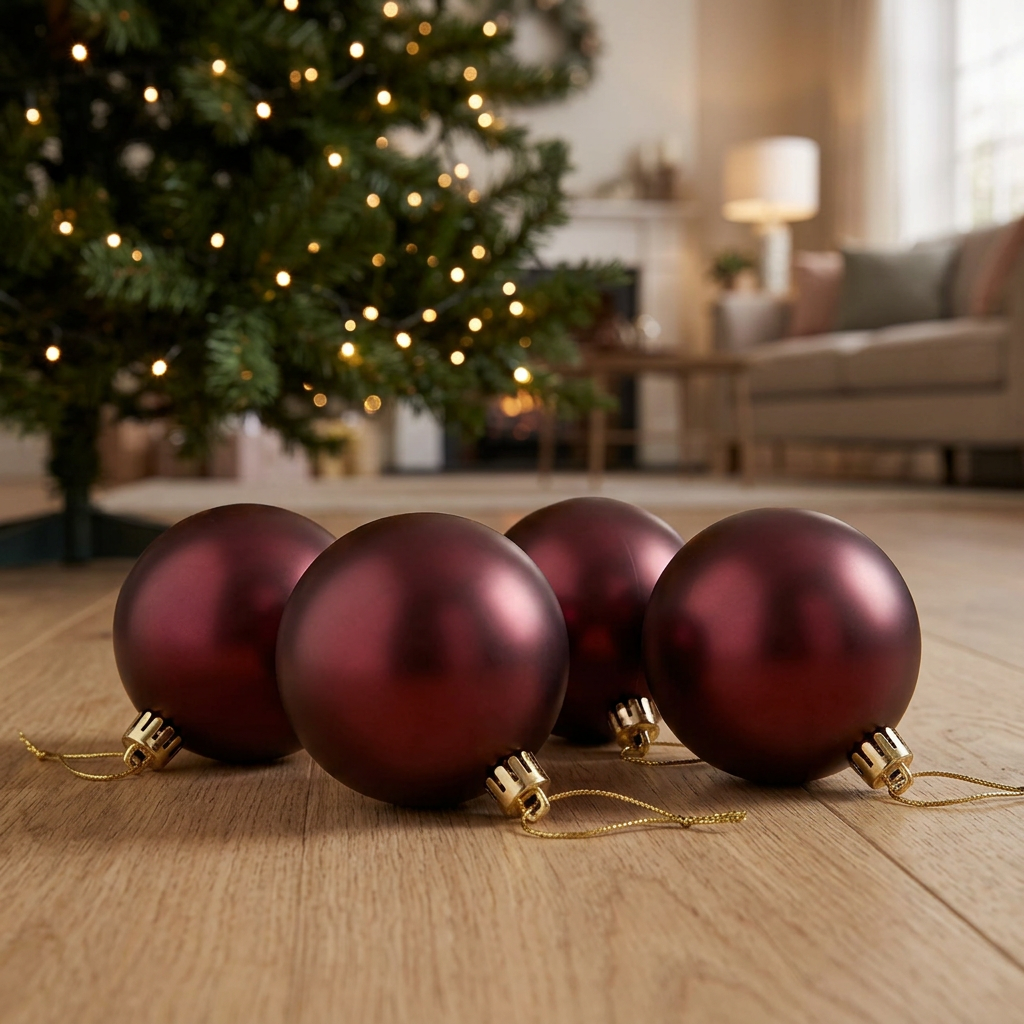 Cuatro bambalinas perladas vinotinto en el piso junto al árbol de Navidad