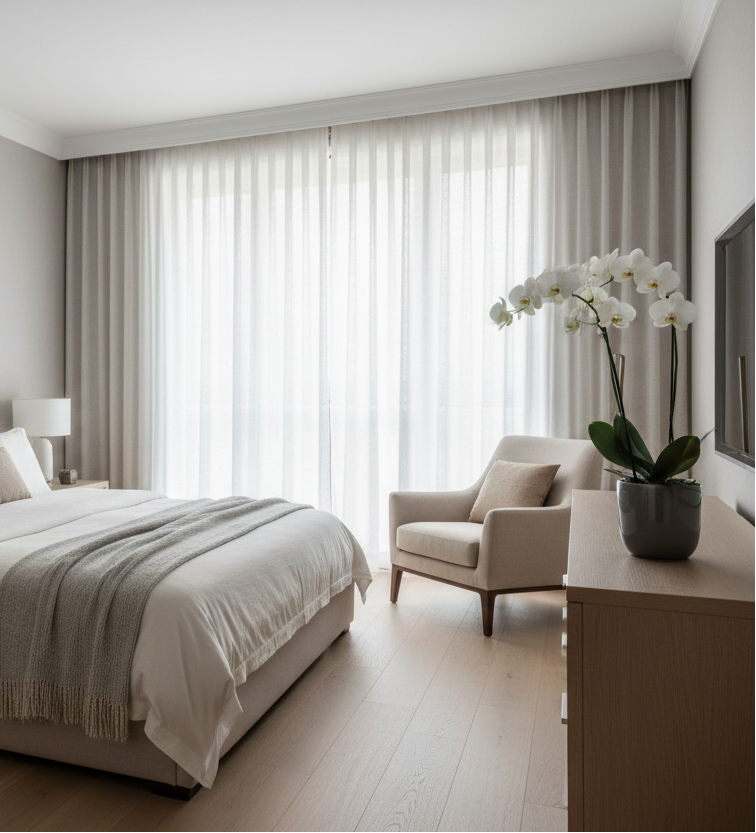 Dormitorio matrimonial con orquídea