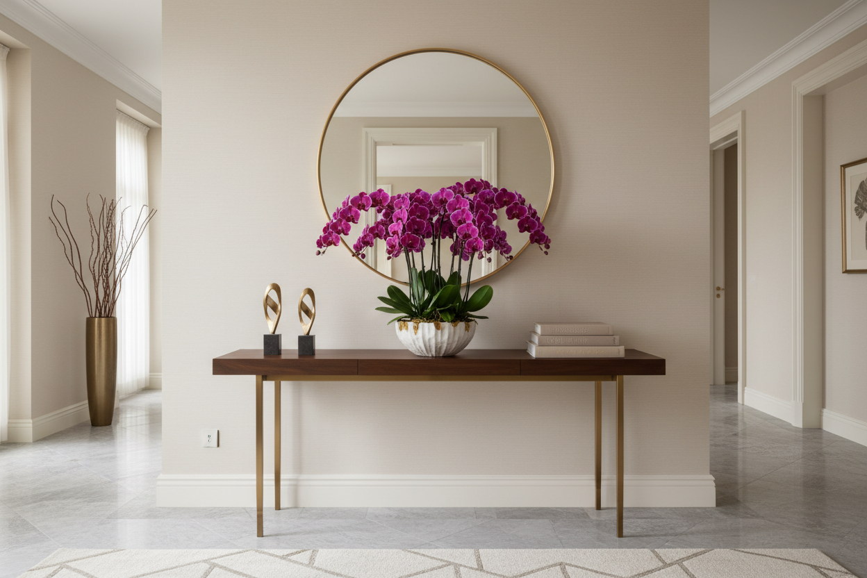 entrada de un apartamente donde una orquidea en una consola del recibidor destaca y adorna la entrada... intenta que sea una orquidea violeta 