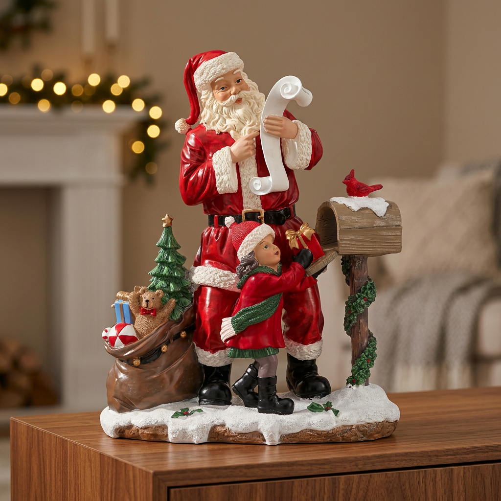 Figura de Santa con niña y buzón en un ambiente navideño