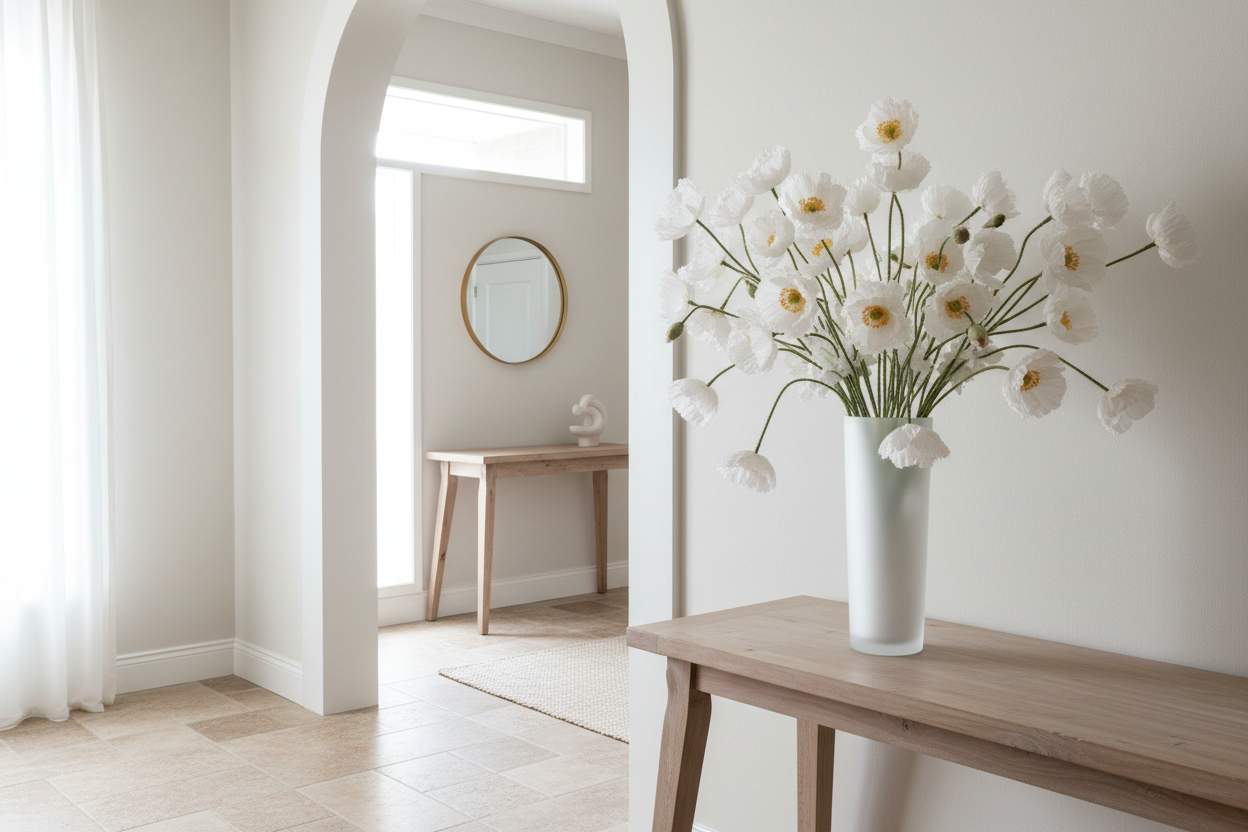 Flor de amapola blanca en entrada de casa