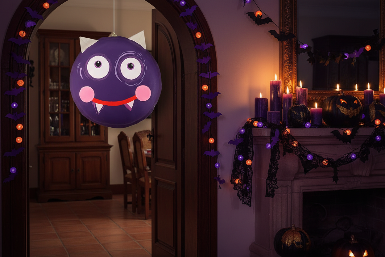Decoración Halloween colgante macarrón murciélago morado papel maché 30cm puerta techo Caracas Venezuela