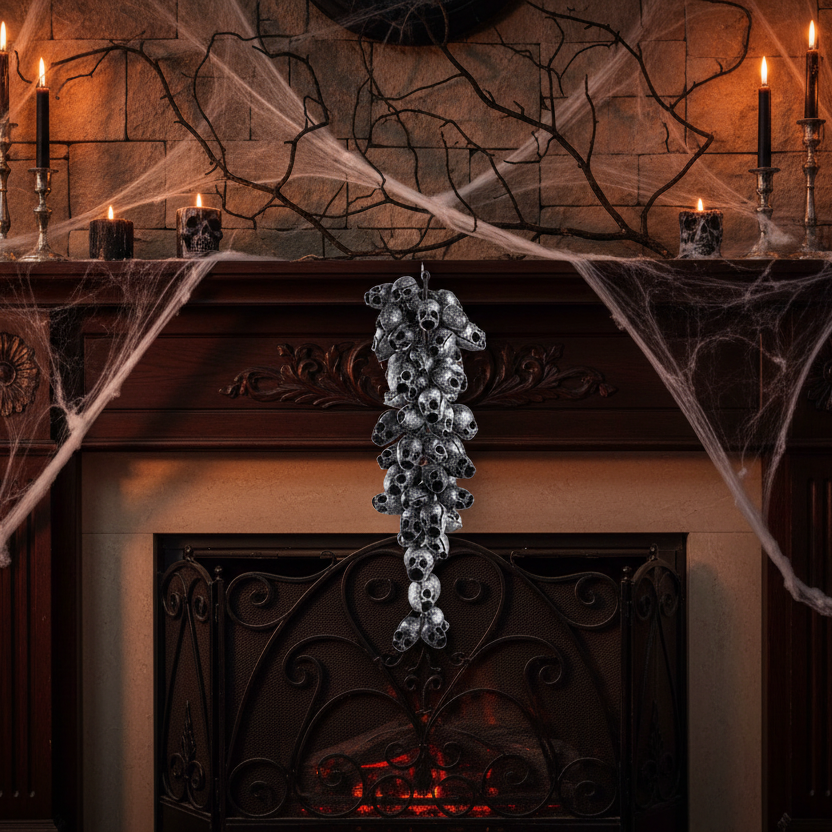 Decoración Halloween gótico colgante racimo calaveras negro plateado 30cm puerta techo chimenea Caracas Venezuela