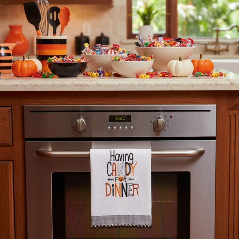 Decoración cocina Halloween con paño bordado Having Candy for Dinner microfibra Caracas Venezuela