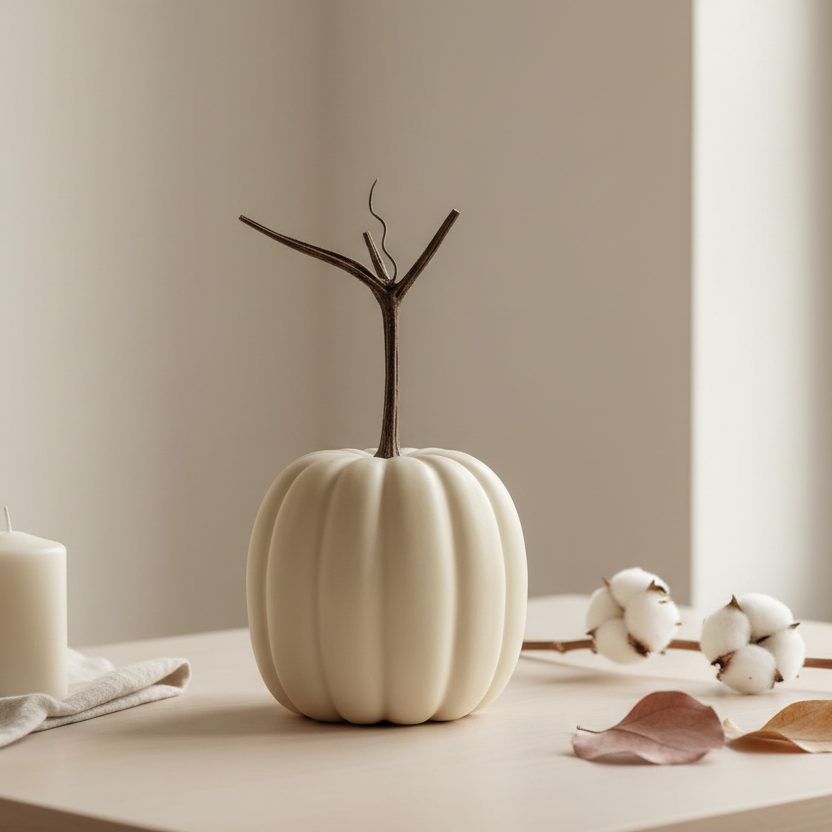 Decoración otoñal minimalista nórdica calabaza látex marfil beige 20cm tallo ramificado Acción de Gracias Caracas Venezuela