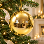 Imagen generada de una bambalina brillante dorada de 30 cm colgada en un árbol de Navidad