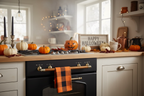 Decoración cocina Halloween farmhouse con paño buffalo check naranja negro algodón Caracas Venezuela