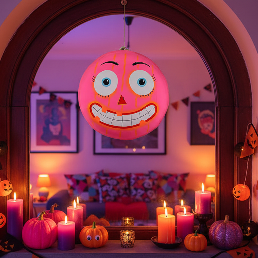 Decoración Halloween colgante macarrón monstruo rosa papel maché 30cm puerta techo Caracas Venezuela