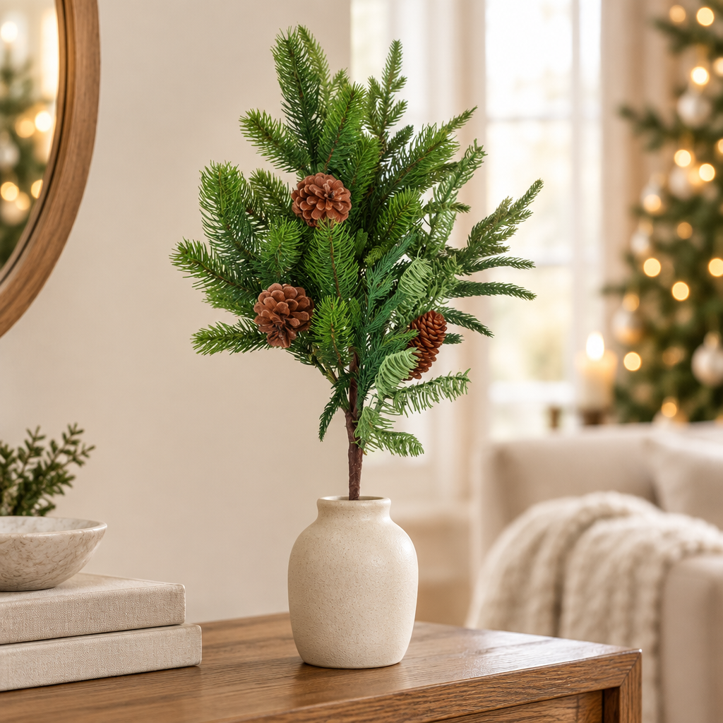 Rama decorativa Mix Pino con piñas de 61 cm en un florero sobre una consola