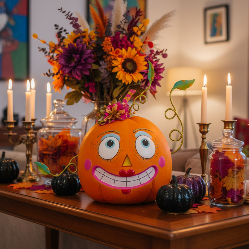 Decoración Halloween calabaza resina whimsical 41cm centro de mesa sala Caracas Venezuela