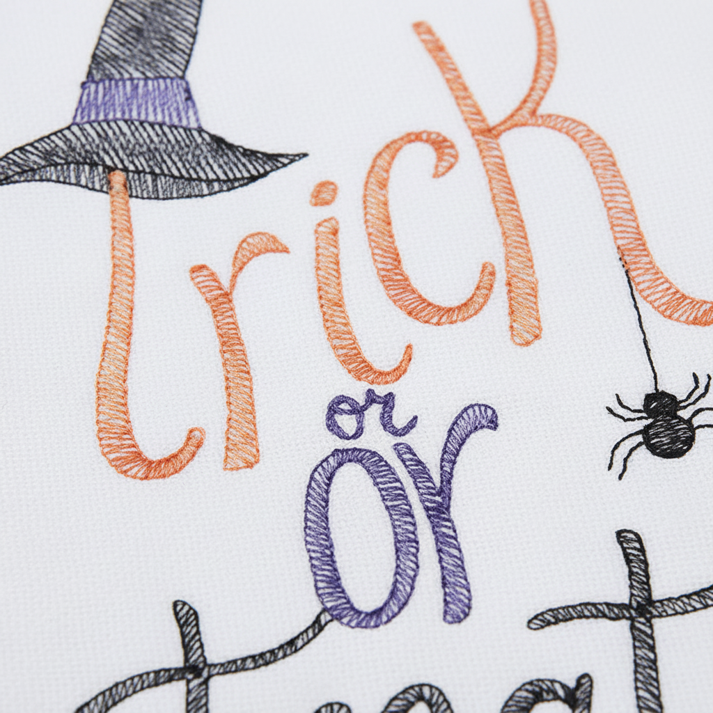 Zoom detalle bordado Trick or Treat naranja morado negro sombrero bruja araña escoba paño algodón Halloween cocina