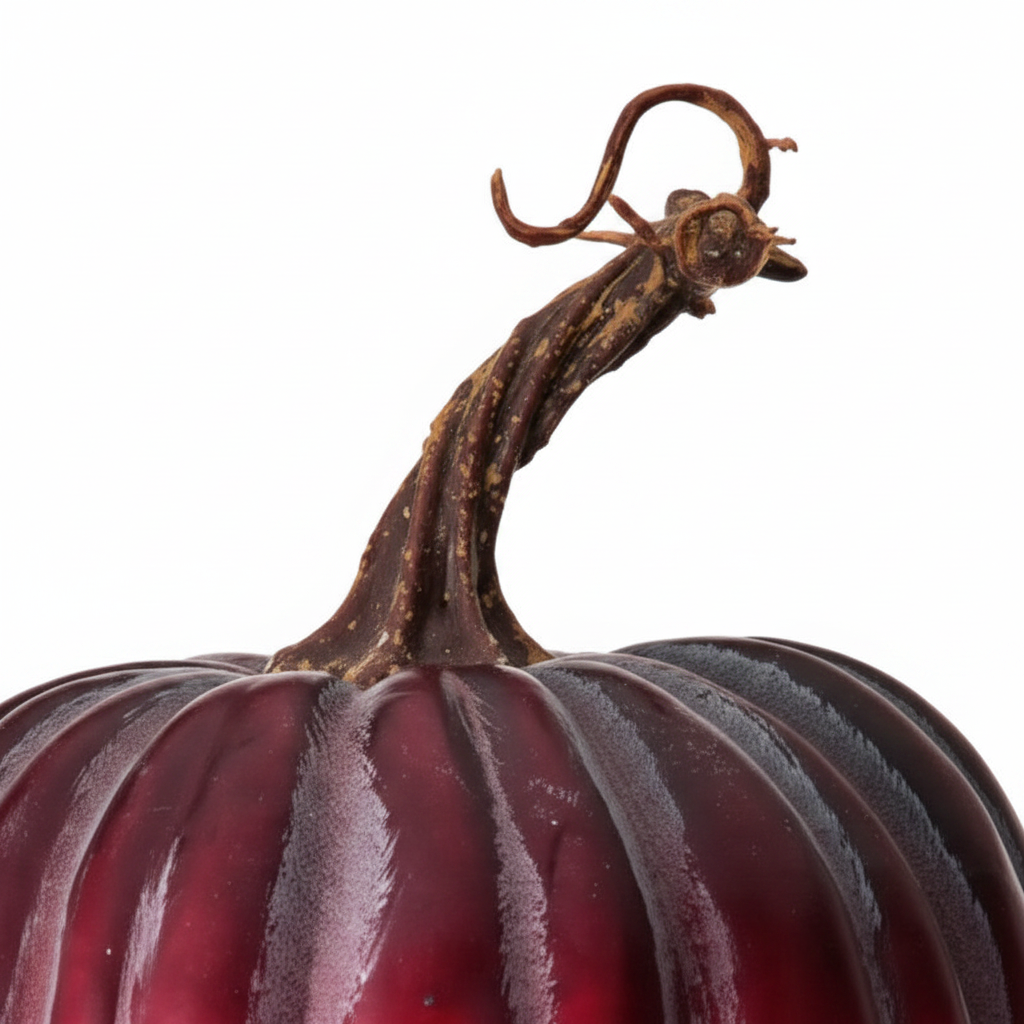 Zoom detalle calabaza decorativa plástico vinotinto borgoña 13x16cm costillas marcadas degradado morado tallo retorcido