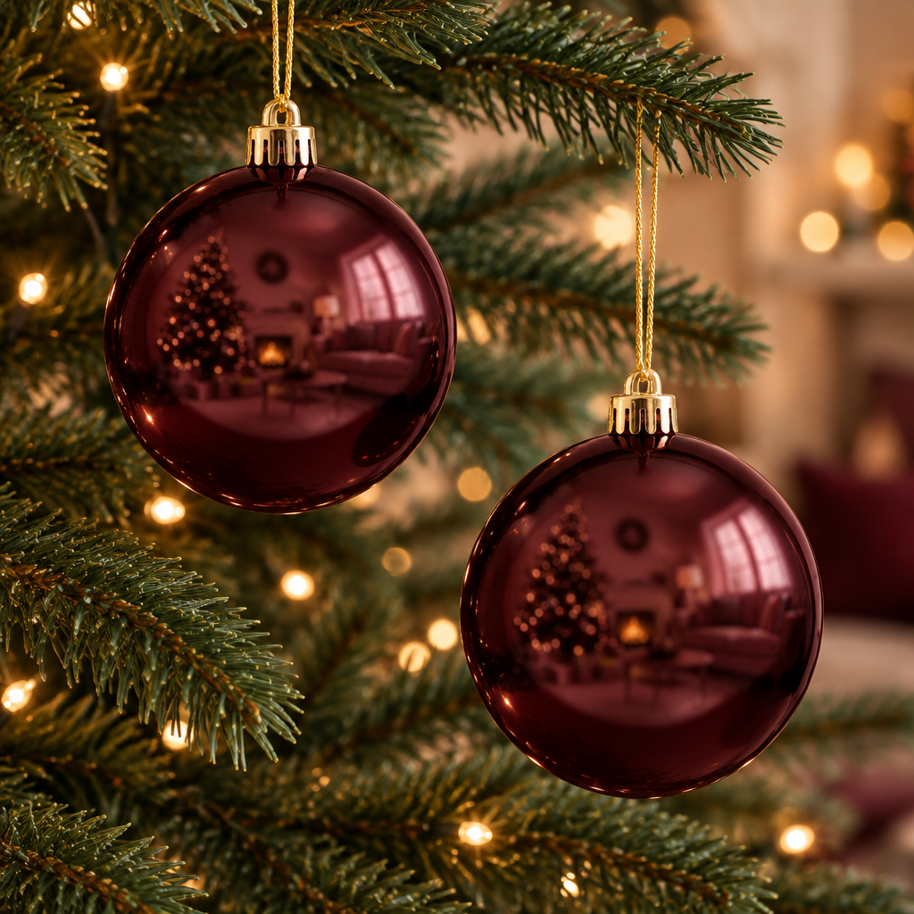 Imagen generada de dos bambalinas perladas vinotinto en un árbol de Navidad