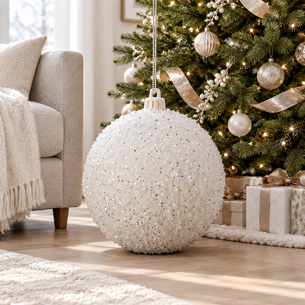 Imagen generada de una bambalina Nevada blanca de gran formato junto a un árbol de Navidad