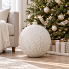 Imagen generada de una bambalina Nevada blanca de gran formato junto a un árbol de Navidad