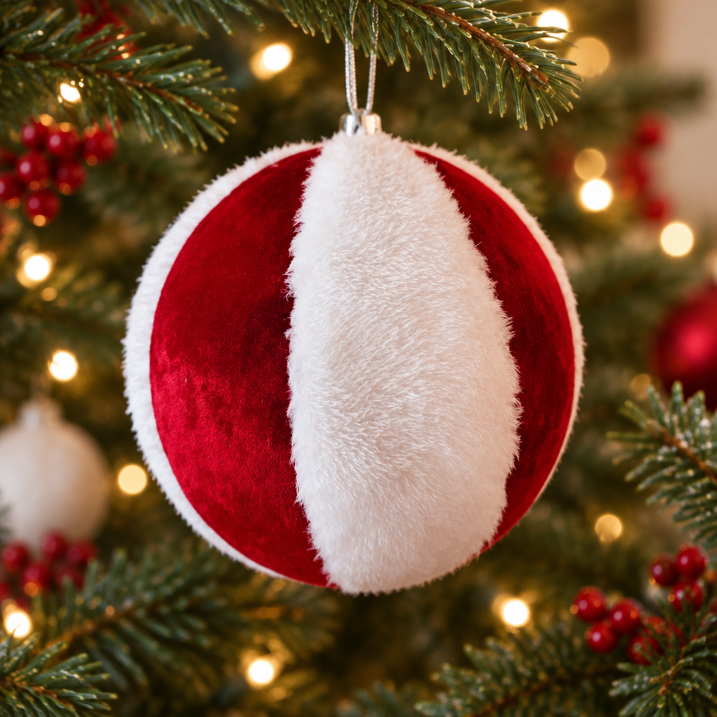 Imagen generada de una bambalina Candy roja y blanca ambientada en un árbol de Navidad