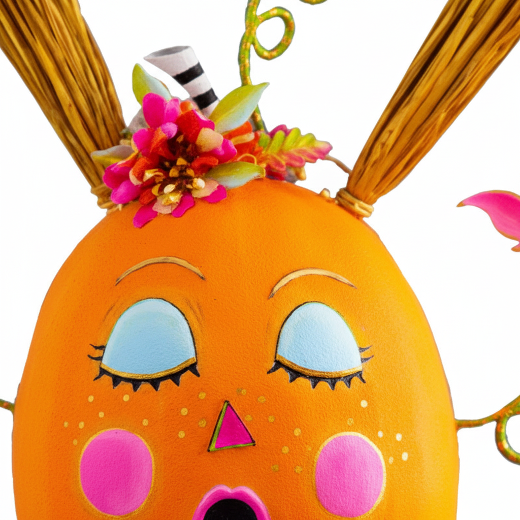 Zoom detalle calabaza decorativa Halloween resina 39cm cara sorprendida ojos cerrados mechones dorados zarcillos verdes