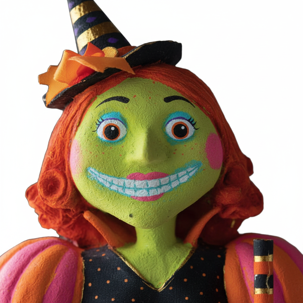 Zoom detalle cara verde bruja Halloween papel maché cabello rojo sombrero rayas vestido tela araña 186cm