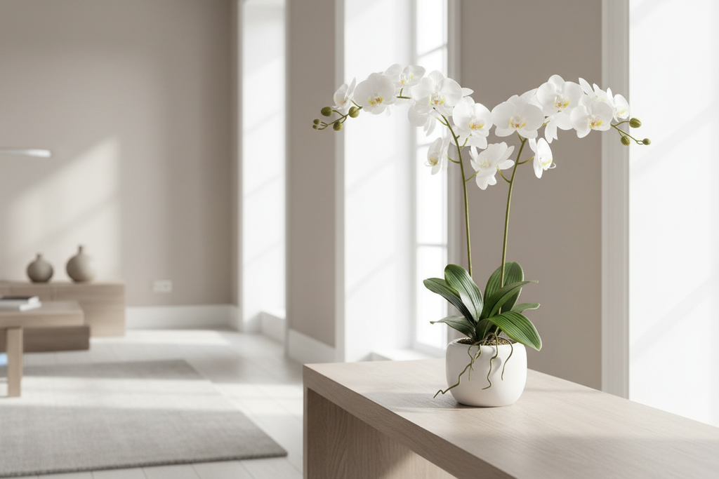 Arreglo floral de orquídeas con hojas Phalaenopsis verdes