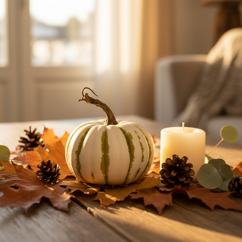 Decoración otoñal calabaza látex crema rayas verdes 13cm escala real acento mesa Acción de Gracias Caracas Venezuela