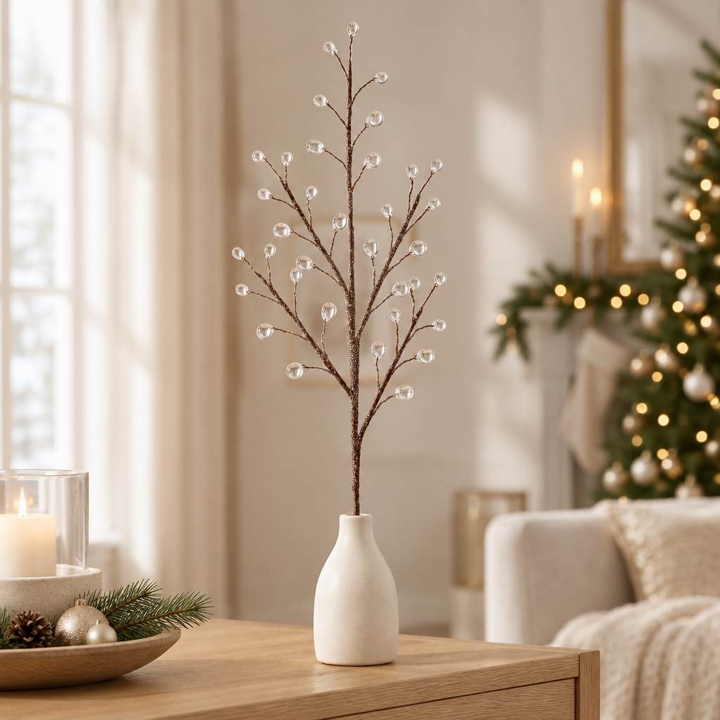 Imagen generada de una rama decorativa marrón con gotas transparentes en un florero; florero no incluido