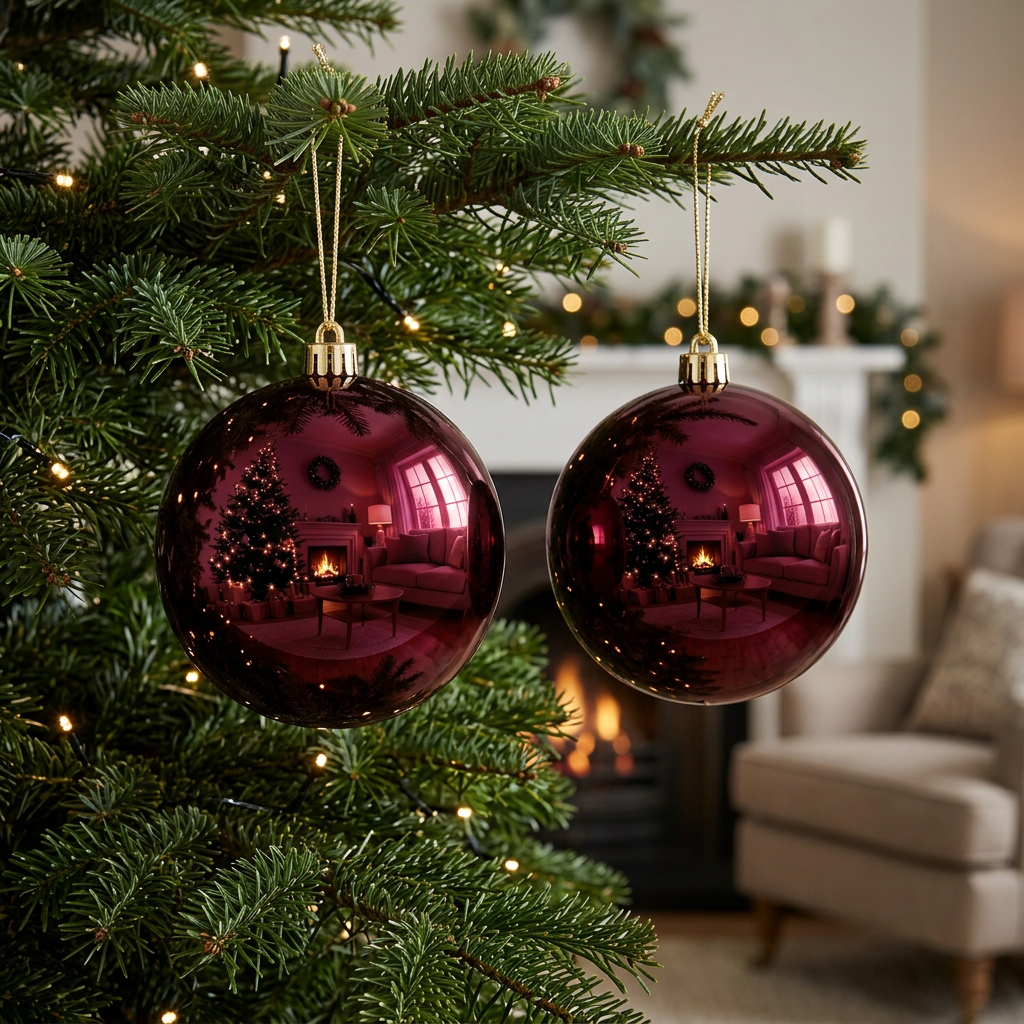 Set de 2 bambalinas brillantes vinotinto de 14 cm ambientadas en árbol de Navidad