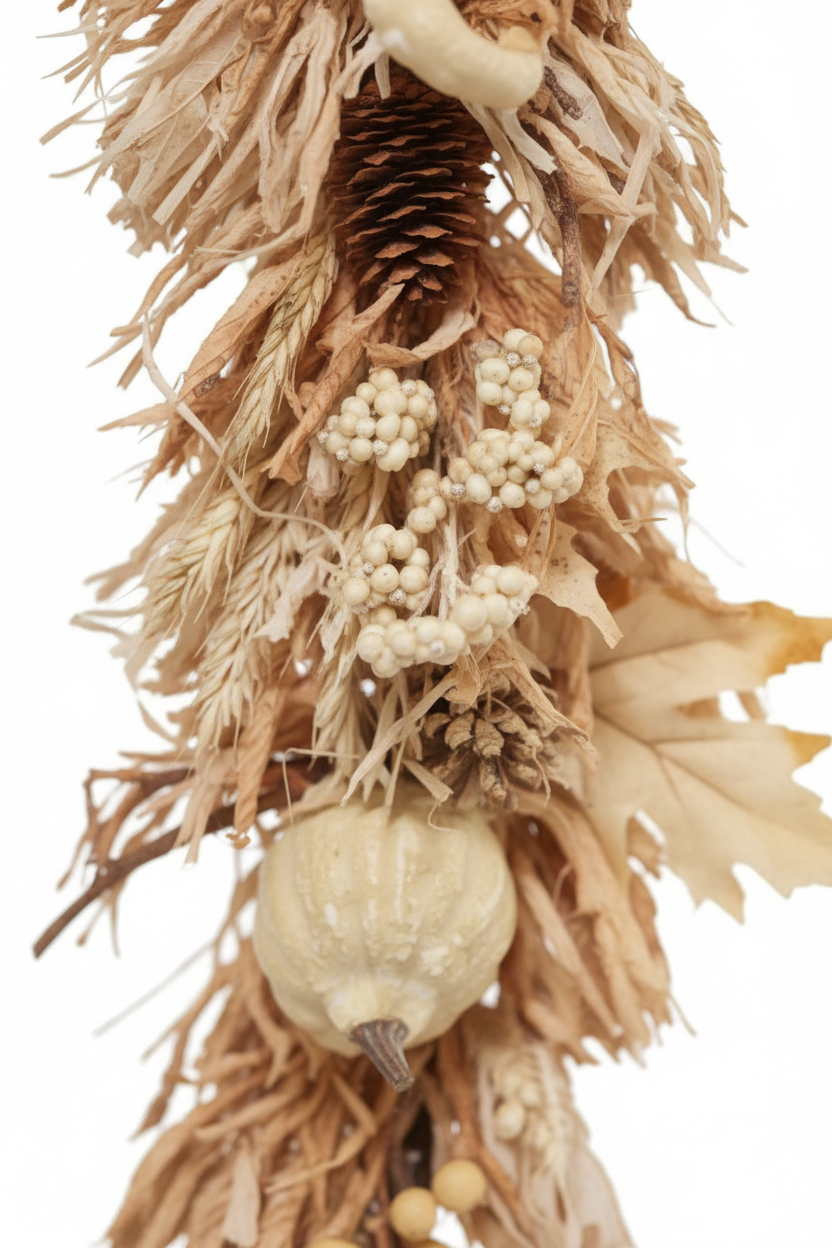 Zoom detalle guirnalda decorativa otoñal beige 122cm hojas arce calabazas heirloom bayas piñas Acción de Gracias Caracas