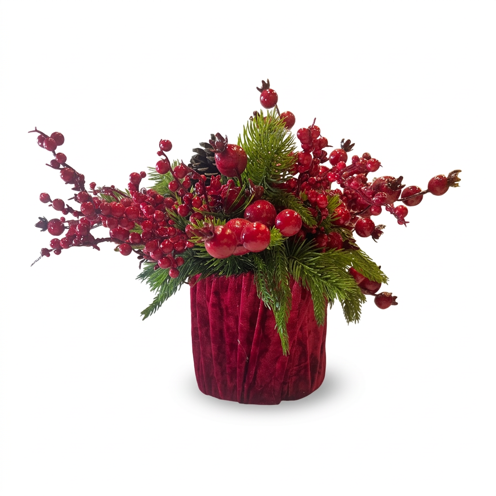 Arreglo navideño Cherry y Piñas con frutos rojos, follaje verde y base vinotinto sobre fondo blanco