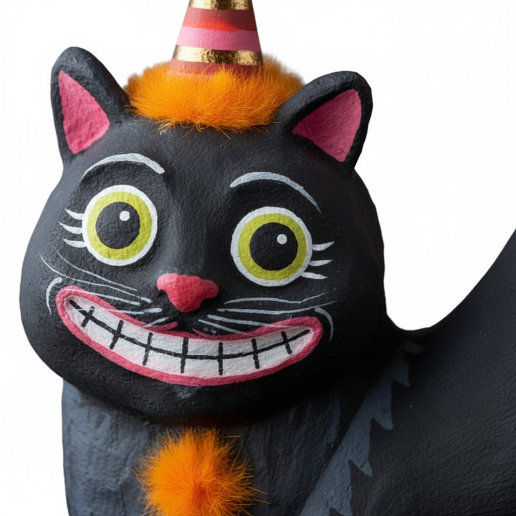Zoom detalle cara gato negro papel maché gorro fiesta rayas rosas ojos expresivos pompones naranjas Halloween 100cm