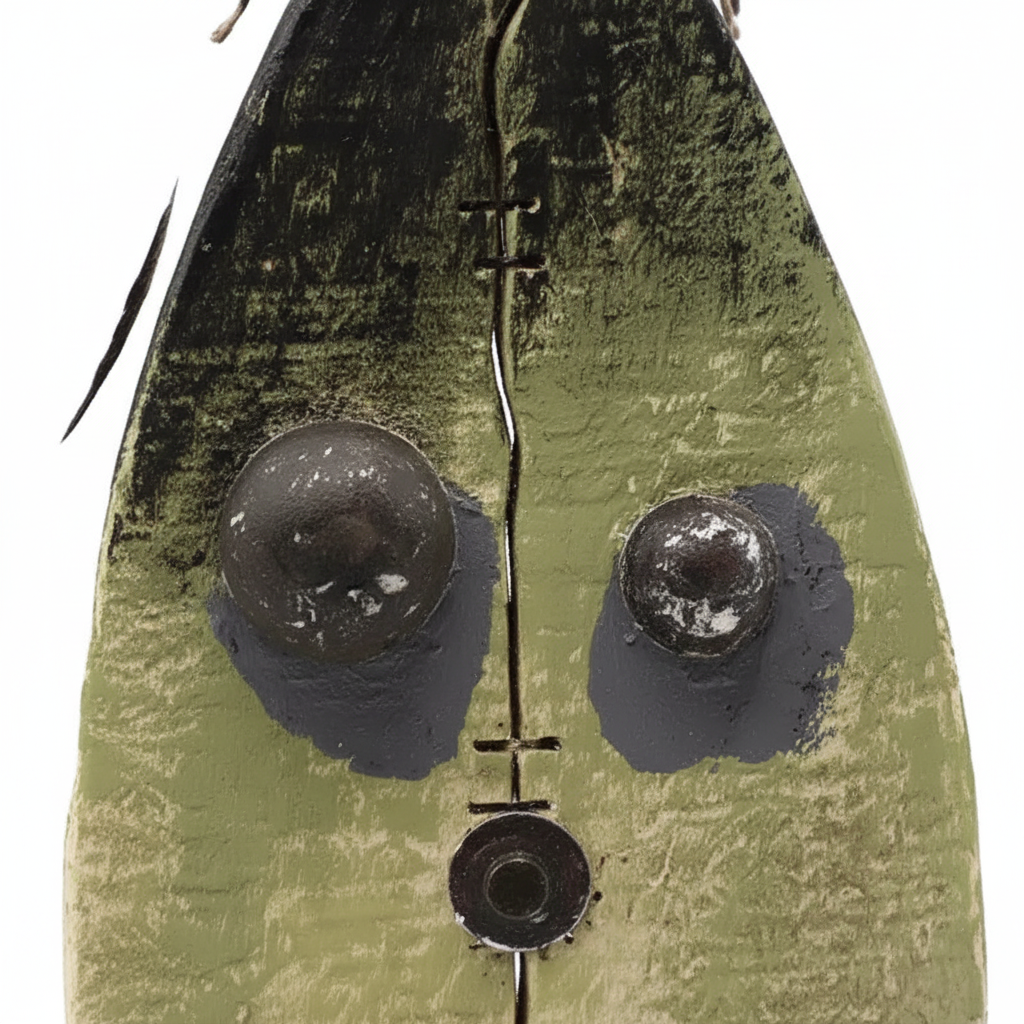 Zoom detalle figura zombie Halloween madera verde ojos botón nariz tornillo cabello alambre artesanal 29cm