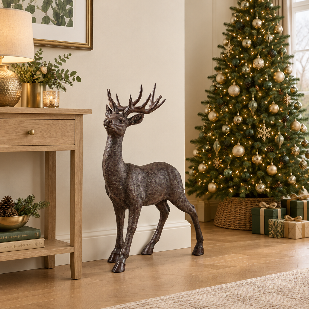 Imagen generada de un ciervo decorativo marrón de 76 cm cerca de una consola y un árbol navideño; accesorios no incluidos
